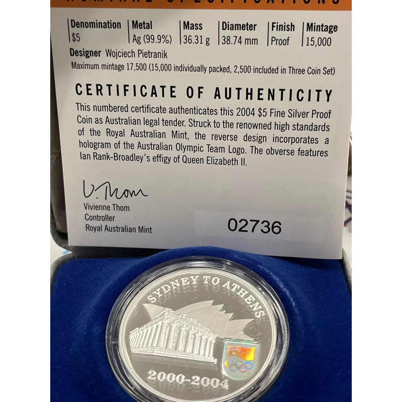 2004 The Journey Continues - Sydney to Athens - $5 Fine Silver Proof Coin 2004 The Journey Continues - Sydney to Athens - $5 Fine Silver Proof Coin