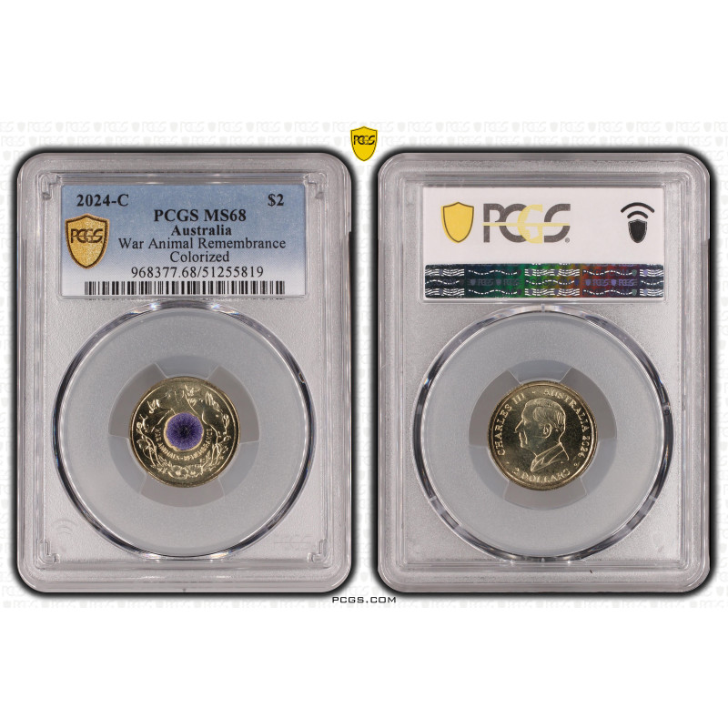 2024 War Animals Remembrance Purple Poppy $2 PCGS ‘C’ Mintmark MS68 Gold Shield