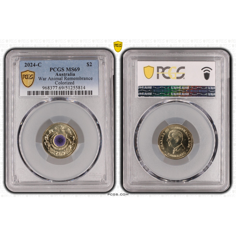 2024 War Animals Remembrance Purple Poppy $2 PCGS ‘C’ Mintmark MS69 Gold Shield