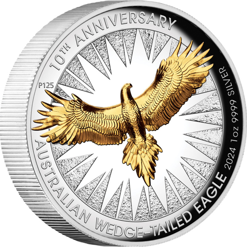 Australian Wedge-tailed Eagle 10th Anniversary 2024 1oz Silver Proof High Relief Gilded Coin Australian Wedge-tailed Eagle 10th Anniversary 2024 1oz Silver Proof High Relief Gilded Coin
