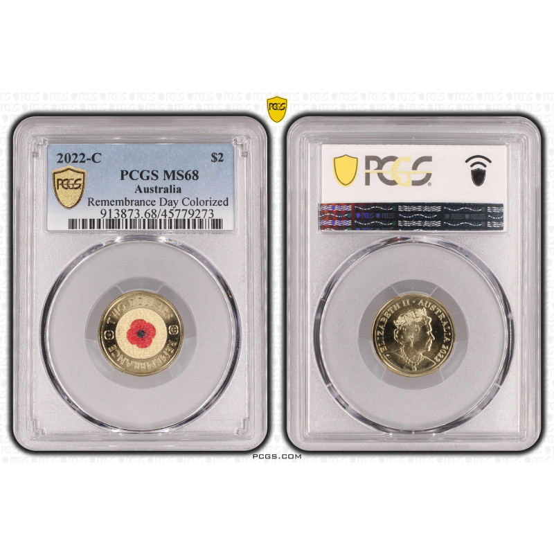 Australia 2022 C Mintmark Red Poppy Two Dollars $2 Coloured Coin PCGS MS68