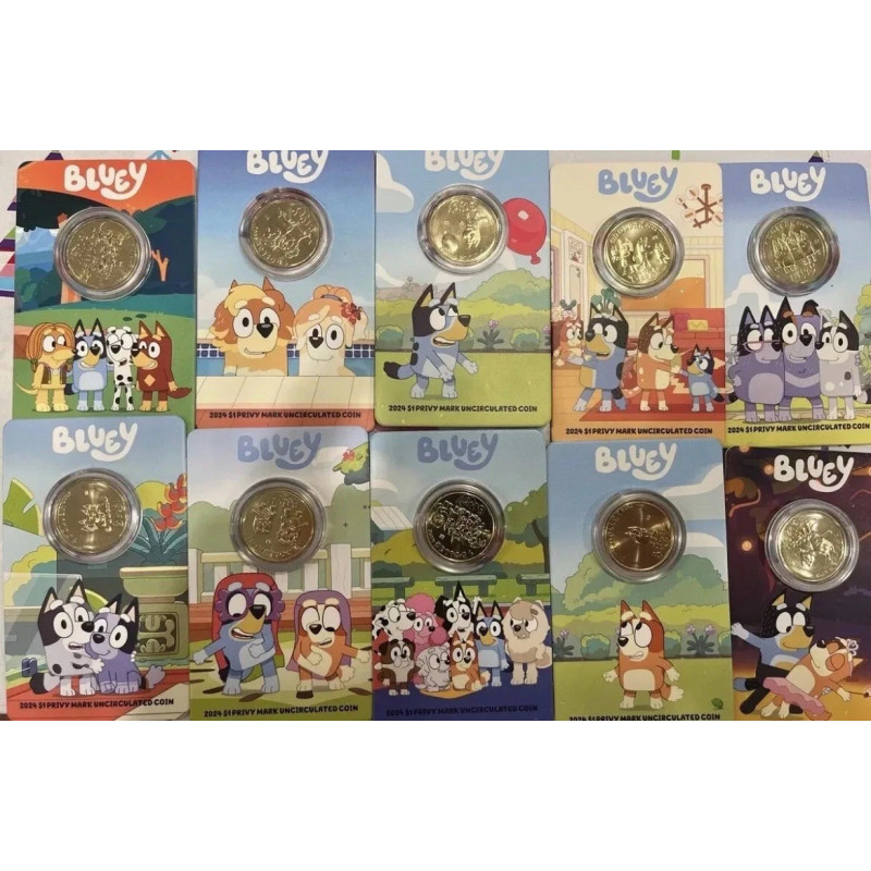 2024 $1 Bluey Dollarbucks Coin Card Set of 10 Cards set with Envelope Privy Mark